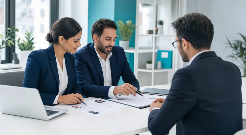 Recruitment consultants reviewing candidate profiles in a meeting